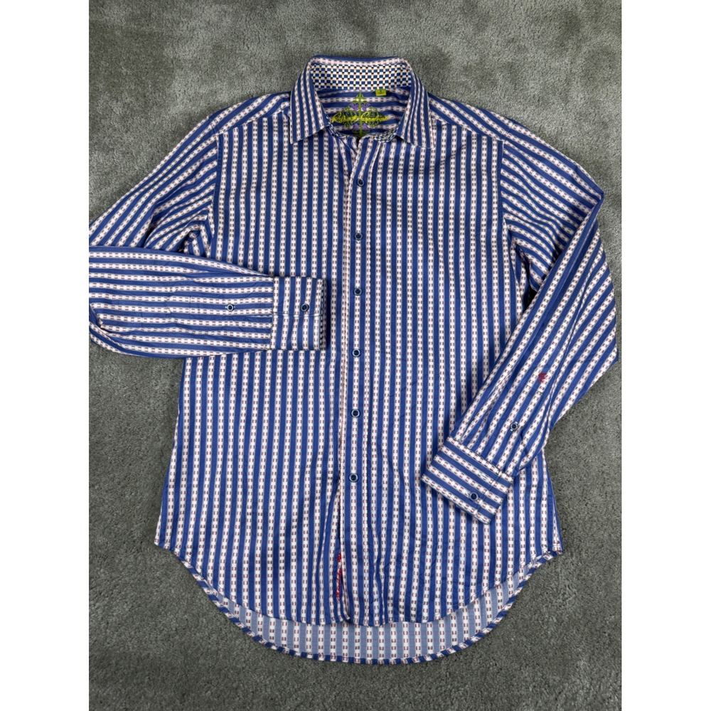 Robert Graham Mens Blue White Striped Embroidered Button Down Shirt Small S